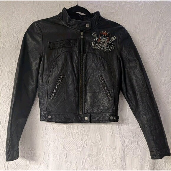 Ed Hardy by Christian Audigier Women's S Black Leather Jacket World Tour Skull - Picture 1 of 16